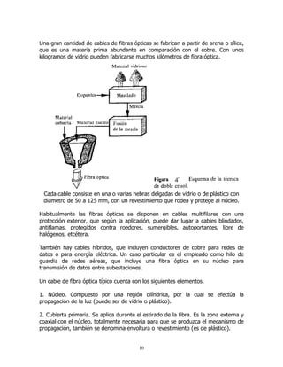 Una gran cantidad de cables de fibras ópticas se fabrican a partir de arena o sílice,
que es una materia prima abundante en comparación con el cobre. Con unos
kilogramos de vidrio pueden fabricarse muchos kilómetros de fibra óptica.

Cada cable consiste en una o varias hebras delgadas de vidrio o de plástico con
diámetro de 50 a 125 mm, con un revestimiento que rodea y protege al núcleo.
Habitualmente las fibras ópticas se disponen en cables multifilares con una
protección exterior, que según la aplicación, puede dar lugar a cables blindados,
antiflamas, protegidos contra roedores, sumergibles, autoportantes, libre de
halógenos, etcétera.
También hay cables híbridos, que incluyen conductores de cobre para redes de
datos o para energía eléctrica. Un caso particular es el empleado como hilo de
guardia de redes aéreas, que incluye una fibra óptica en su núcleo para
transmisión de datos entre subestaciones.
Un cable de fibra óptica típico cuenta con los siguientes elementos.
1. Núcleo. Compuesto por una región cilíndrica, por la cual se efectúa la
propagación de la luz (puede ser de vidrio o plástico).
2. Cubierta primaria. Se aplica durante el estirado de la fibra. Es la zona externa y
coaxial con el núcleo, totalmente necesaria para que se produzca el mecanismo de
propagación, también se denomina envoltura o revestimiento (es de plástico).

10

 