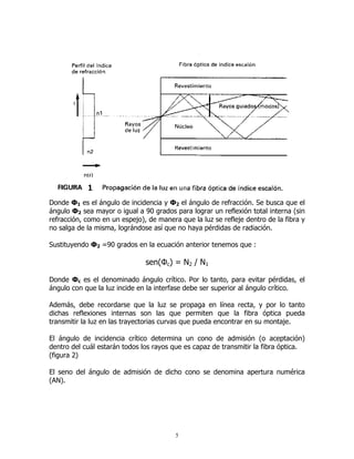 Donde Φ1 es el ángulo de incidencia y Φ2 el ángulo de refracción. Se busca que el
ángulo Φ2 sea mayor o igual a 90 grados para lograr un reflexión total interna (sin
refracción, como en un espejo), de manera que la luz se refleje dentro de la fibra y
no salga de la misma, lográndose así que no haya pérdidas de radiación.
Sustituyendo Φ2 =90 grados en la ecuación anterior tenemos que :

sen(Φc) = N2 / N1
Donde Φc es el denominado ángulo crítico. Por lo tanto, para evitar pérdidas, el
ángulo con que la luz incide en la interfase debe ser superior al ángulo crítico.
Además, debe recordarse que la luz se propaga en línea recta, y por lo tanto
dichas reflexiones internas son las que permiten que la fibra óptica pueda
transmitir la luz en las trayectorias curvas que pueda encontrar en su montaje.
El ángulo de incidencia crítico determina un cono de admisión (o aceptación)
dentro del cuál estarán todos los rayos que es capaz de transmitir la fibra óptica.
(figura 2)
El seno del ángulo de admisión de dicho cono se denomina apertura numérica
(AN).

5

 