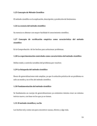 16
1.25 Concepto de Método Científico
El método científico es la explicación, descripción y predicción de fenómenos.
1.26 La esencia del método científico
Su esencia es obtener con mayor facilidad el conocimiento científico.
1.27 Concepto de verificación empírica como característica del método
científico
Es la Comprobación de los hechos para solucionar problemas.
1.28 La experimentación controlada como característica del método científico
Define mide y controla variables del problema por resolver.
1.29 La búsqueda del método científico
Busca de generalizaciones más amplias, ya que la solución práctica de un problema es
solo un medio y no el fin del método científico.
1.30 Fundamentación del método científico
Se fundamenta un cuerpo de generalizaciones ya existentes intenta crear un sistema
teórico nuevo, con base en los que ya se tienen.
1.31 El método científico y su fin
Los hechos tal y como son para encontrar causas, efectos y algo más.
 