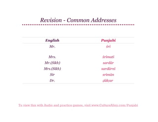 Revision - Common Addresses

English

Punjabi

Mr.

śrī

Mrs.

śrīmatī

Mr.(Sikh)

sardār

Mrs.(Sikh)

sardārnī

Sir

srīmān

Dr.

ḍākṭar

To view this with Audio and practice games, visit www.CultureAlley.com/Punjabi

 