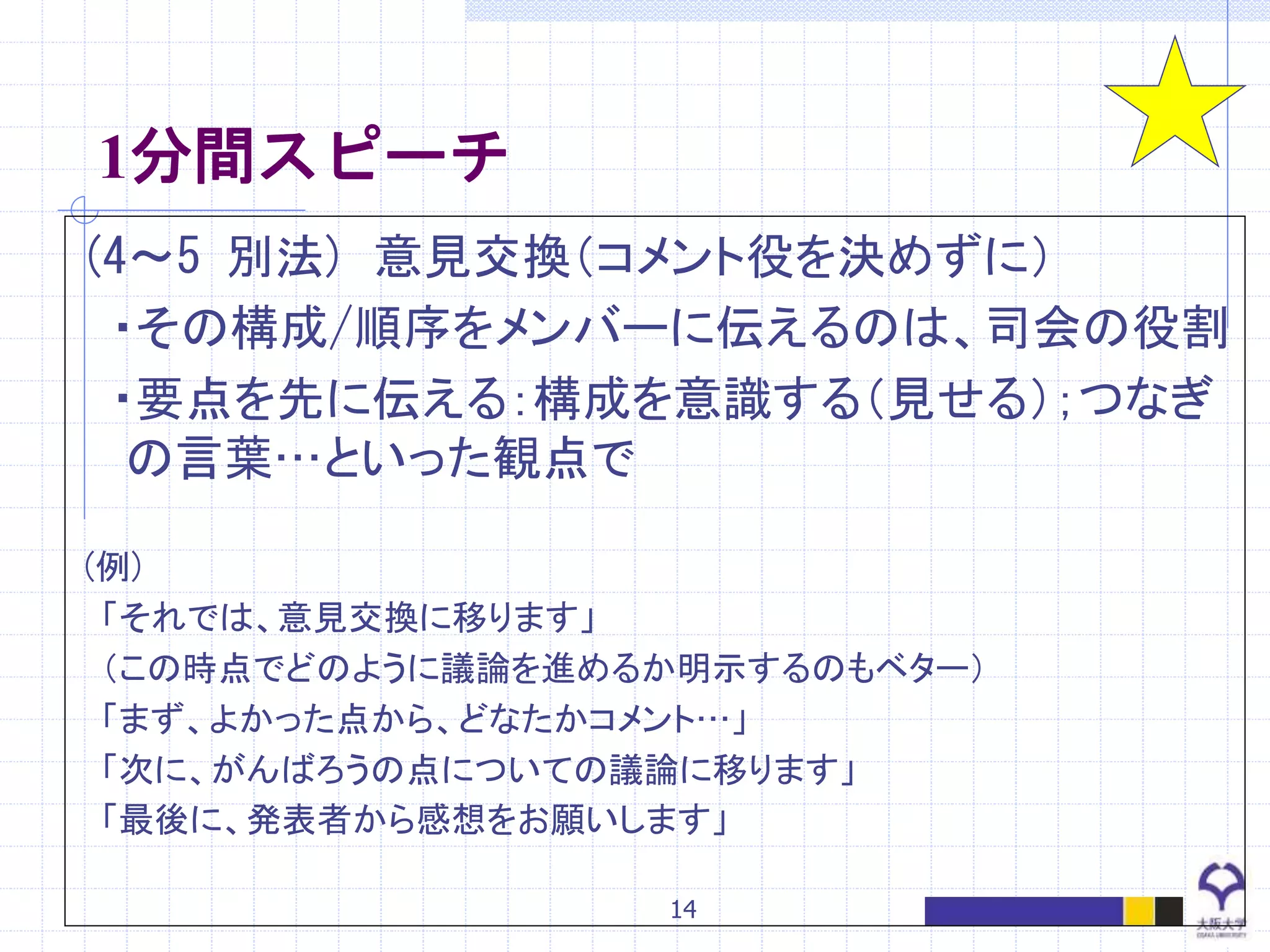 14
1分間スピーチ
(4～5 別法) 意見交換（コメント役を決めずに）
・その構成/順序をメンバーに伝えるのは、司会の役割
・要点を先に伝える：構成を意識する（見せる）；つなぎ
の言葉…といった観点で
(例)
「それでは、意見交換に移ります」
（この時点でどのように議論を進めるか明示するのもベター）
「まず、よかった点から、どなたかコメント…」
「次に、がんばろうの点についての議論に移ります」
「最後に、発表者から感想をお願いします」
 
