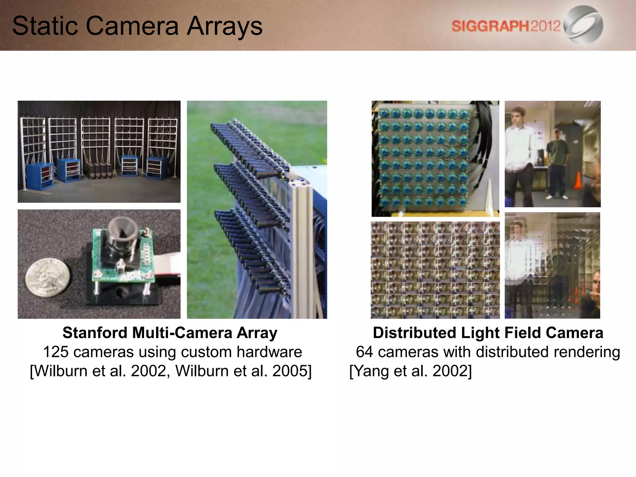 Static Camera Arrays
Stanford Multi-Camera Array
125 cameras using custom hardware
[Wilburn et al. 2002, Wilburn et al. 2005]
Distributed Light Field Camera
64 cameras with distributed rendering
[Yang et al. 2002]
 