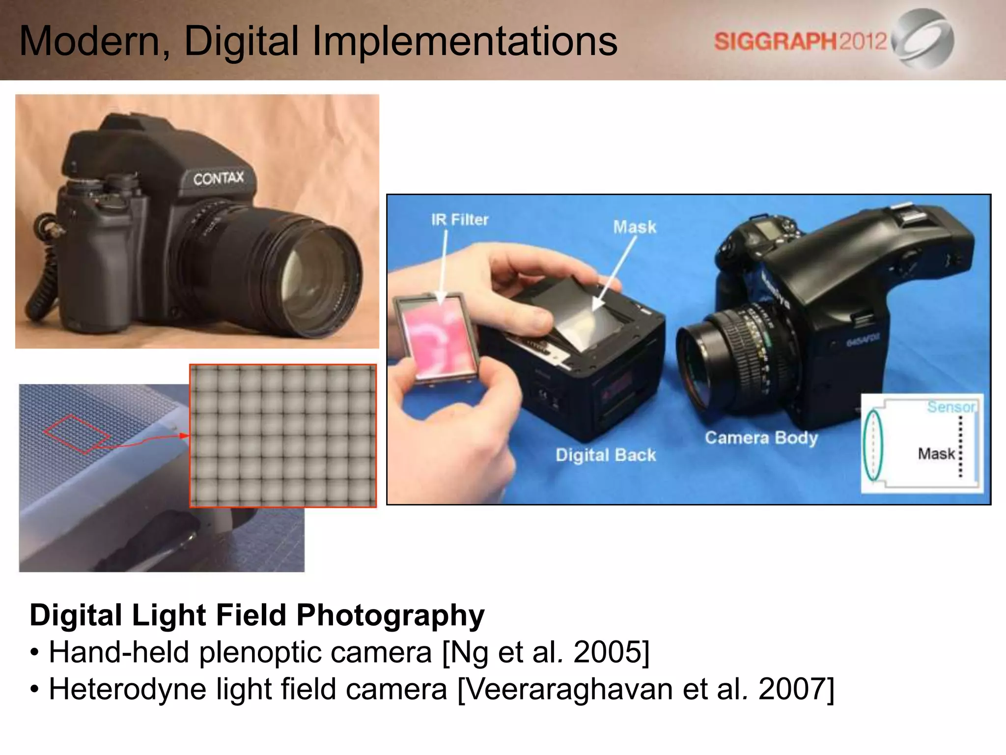 Modern, Digital Implementations
Digital Light Field Photography
• Hand-held plenoptic camera [Ng et al. 2005]
• Heterodyne light field camera [Veeraraghavan et al. 2007]
 