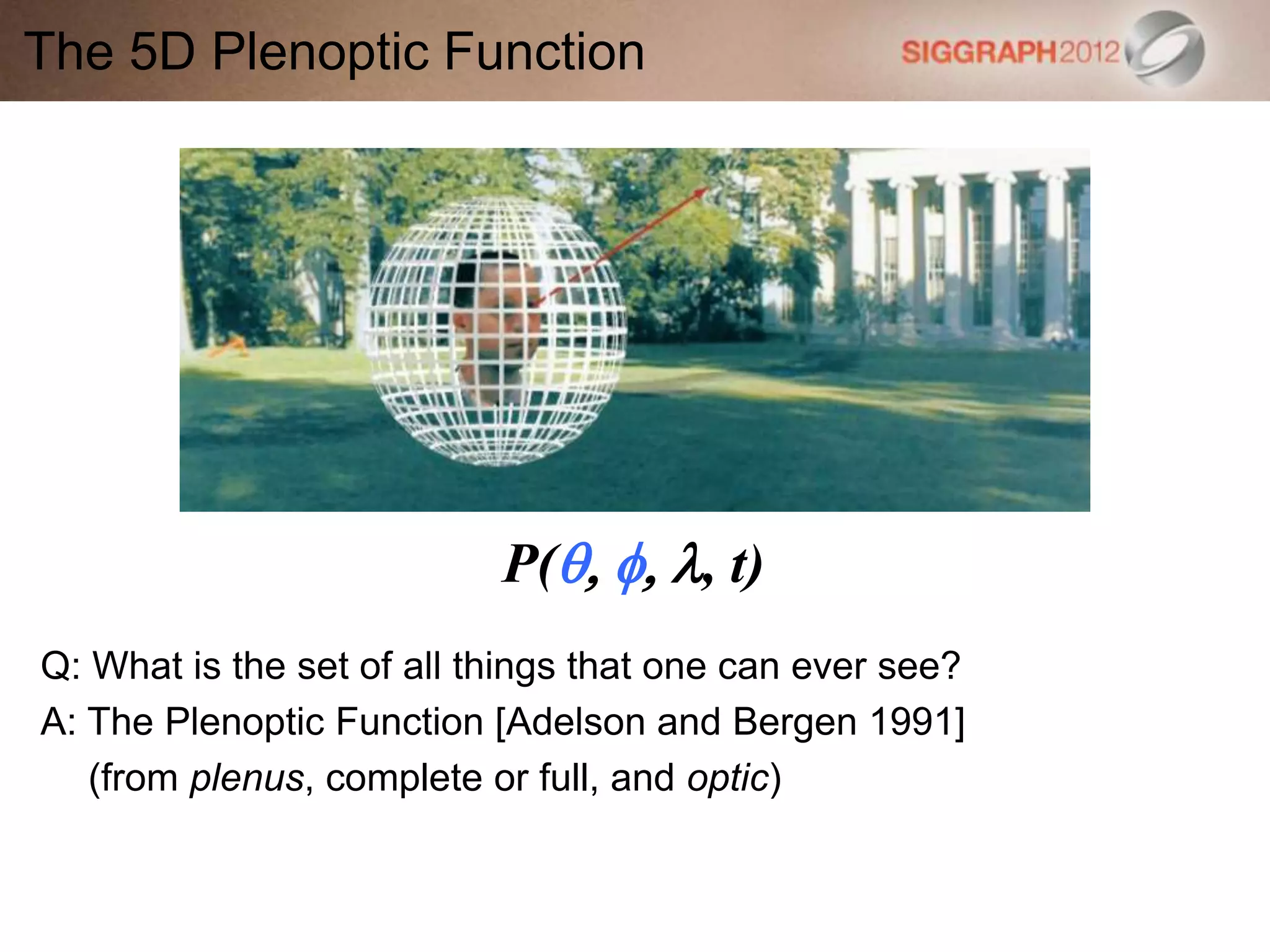 The 5D Plenoptic Function
Q: What is the set of all things that one can ever see?
A: The Plenoptic Function [Adelson and Bergen 1991]
(from plenus, complete or full, and optic)
P(q, f, l, t)
 