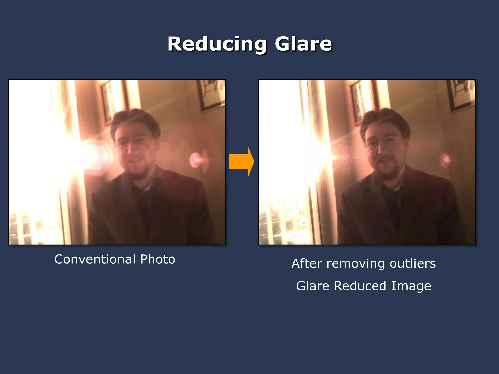 MERL, MIT Media Lab Glare Aware Photography: 4D Ray Sampling for Reducing Glare Raskar, Agrawal,
Wilson & Veeraraghavan
Reducing Glare
Glare Reduced Image
After removing outliersConventional Photo
 