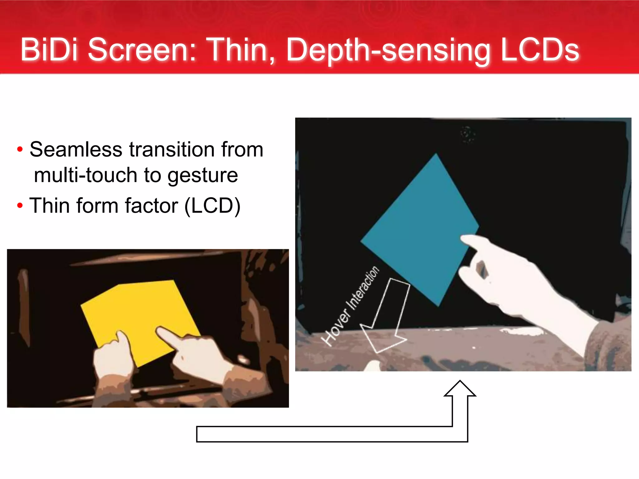 BiDi Screen: Thin, Depth-sensing LCDs
• Seamless transition from
multi-touch to gesture
• Thin form factor (LCD)
 
