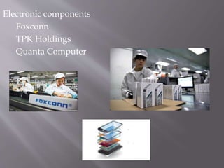 Electronic components
Foxconn
TPK Holdings
Quanta Computer
 