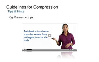 Guidelines for Compression
Tips & Hints
 Key Frames: 4 x fps
 