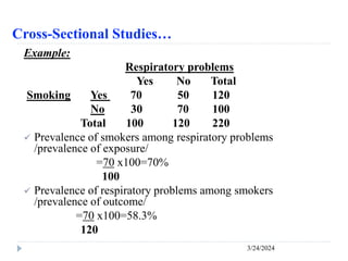 Cross-Sectional Studies…
3/24/2024
Example:
Respiratory problems
Yes No Total
Smoking Yes 70 50 120
No 30 70 100
Total 100 120 220
 Prevalence of smokers among respiratory problems
/prevalence of exposure/
=70 x100=70%
100
 Prevalence of respiratory problems among smokers
/prevalence of outcome/
=70 x100=58.3%
120
 