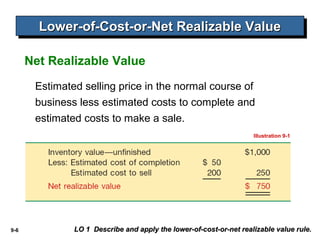 9-6
Net Realizable Value
LO 1 Describe and apply the lower-of-cost-or-net realizable value rule.LO 1 Describe and apply the lower-of-cost-or-net realizable value rule.
Estimated selling price in the normal course of
business less estimated costs to complete and
estimated costs to make a sale.
Illustration 9-1
Lower-of-Cost-or-Net Realizable ValueLower-of-Cost-or-Net Realizable ValueLower-of-Cost-or-Net Realizable ValueLower-of-Cost-or-Net Realizable Value
 