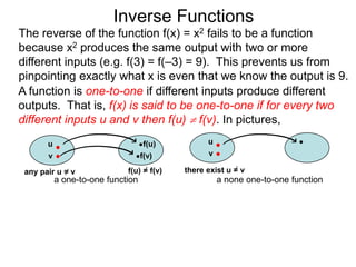 Inverse Functions
The reverse of the function f(x) = x2 fails to be a function
because x2 produces the same output with two or more
different inputs (e.g. f(3) = f(–3) = 9). This prevents us from
pinpointing exactly what x is even that we know the output is 9.
A function is one-to-one if different inputs produce different
outputs. That is, f(x) is said to be one-to-one if for every two
different inputs u and v then f(u)  f(v). In pictures,
       u                           f(u)          u
       v                           f(v)          v

 any pair u = v              f(u) = f(v)   there exist u = v
           a one-to-one function                     a none one-to-one function
 