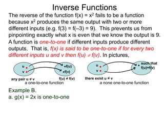 Inverse Functions
The reverse of the function f(x) = x2 fails to be a function
because x2 produces the same output with two or more
different inputs (e.g. f(3) = f(–3) = 9). This prevents us from
pinpointing exactly what x is even that we know the output is 9.
A function is one-to-one if different inputs produce different
outputs. That is, f(x) is said to be one-to-one if for every two
different inputs u and v then f(u)  f(v). In pictures,
                                                                          such that
       u                           f(u)          u
                                                                          f(u)=f(v)
       v                           f(v)          v

 any pair u = v              f(u) = f(v)   there exist u = v
           a one-to-one function                     a none one-to-one function
Example B.
a. g(x) = 2x is one-to-one
 