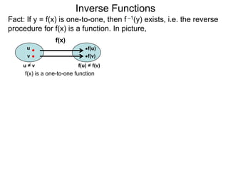 Inverse Functions
Fact: If y = f(x) is one-to-one, then f –1(y) exists, i.e. the reverse
procedure for f(x) is a function. In picture,
                 f(x)
      u                        f(u)
      v                        f(v)
     u=v                   f(u) = f(v)
     f(x) is a one-to-one function
 