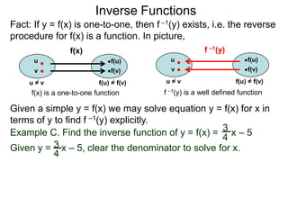 Inverse Functions
Fact: If y = f(x) is one-to-one, then f –1(y) exists, i.e. the reverse
procedure for f(x) is a function. In picture,
                 f(x)                                  f –1(y)
      u                        f(u)        u                          f(u)
      v                        f(v)        v                          f(v)

     u=v                   f(u) = f(v)   u=v                     f(u) = f(v)
     f(x) is a one-to-one function       f –1(y) is a well defined function

Given a simple y = f(x) we may solve equation y = f(x) for x in
terms of y to find f –1(y) explicitly.
Example C. Find the inverse function of y = f(x) = 3 x – 5
                                                   4
Given y = 3 x – 5, clear the denominator to solve for x.
           4
 