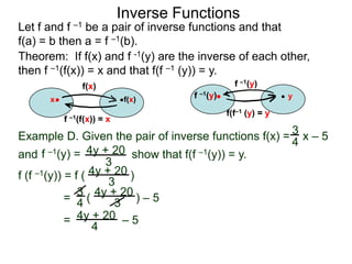 Inverse Functions
Let f and f –1 be a pair of inverse functions and that
f(a) = b then a = f –1(b).
Theorem: If f(x) and f -1(y) are the inverse of each other,
then f –1(f(x)) = x and that f(f –1 (y)) = y.
               f(x)                              f –1(y)
      x                    f(x)      f –1(y)                   y

                                               f(f–1 (y) = y
          f –1(f(x)) = x

Example D. Given the pair of inverse functions f(x) = 3 x – 5
                                                      4
and f –1(y) = 4y + 20 show that f(f –1(y)) = y.
                     3
f (f –1(y)) = f ( 4y + 20 )
                      3
            = 3 ( 4y + 20 ) – 5
               4       3
            = 4y + 20 – 5
                  4
 