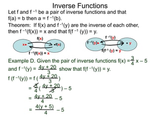 Inverse Functions
Let f and f –1 be a pair of inverse functions and that
f(a) = b then a = f –1(b).
Theorem: If f(x) and f -1(y) are the inverse of each other,
then f –1(f(x)) = x and that f(f –1 (y)) = y.
               f(x)                              f –1(y)
      x                    f(x)      f –1(y)                   y

                                               f(f–1 (y) = y
          f –1(f(x)) = x

Example D. Given the pair of inverse functions f(x) = 3 x – 5
                                                      4
and f –1(y) = 4y + 20 show that f(f –1(y)) = y.
                     3
f (f –1(y)) = f ( 4y + 20 )
                      3
            = 3 ( 4y + 20 ) – 5
               4       3
            = 4y + 20 – 5
                  4
               4(y + 5)
            =            –5
                    4
 