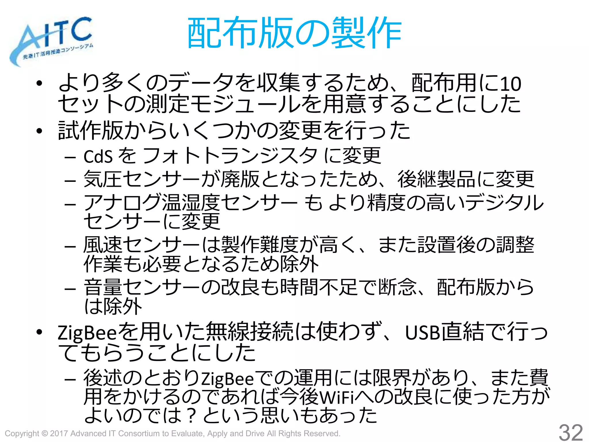 Copyright © 2017 Advanced IT Consortium to Evaluate, Apply and Drive All Rights Reserved.
配布版の製作
• より多くのデータを収集するため、配布用に10
セットの測定モジュールを用意することにした
• 試作版からいくつかの変更を行った
– CdS を フォトトランジスタ に変更
– 気圧センサーが廃版となったため、後継製品に変更
– アナログ温湿度センサー も より精度の高いデジタル
センサーに変更
– 風速センサーは製作難度が高く、また設置後の調整
作業も必要となるため除外
– 音量センサーの改良も時間不足で断念、配布版から
は除外
• ZigBeeを用いた無線接続は使わず、USB直結で行っ
てもらうことにした
– 後述のとおりZigBeeでの運用には限界があり、また費
用をかけるのであれば今後WiFiへの改良に使った方が
よいのでは？という思いもあった
32
 