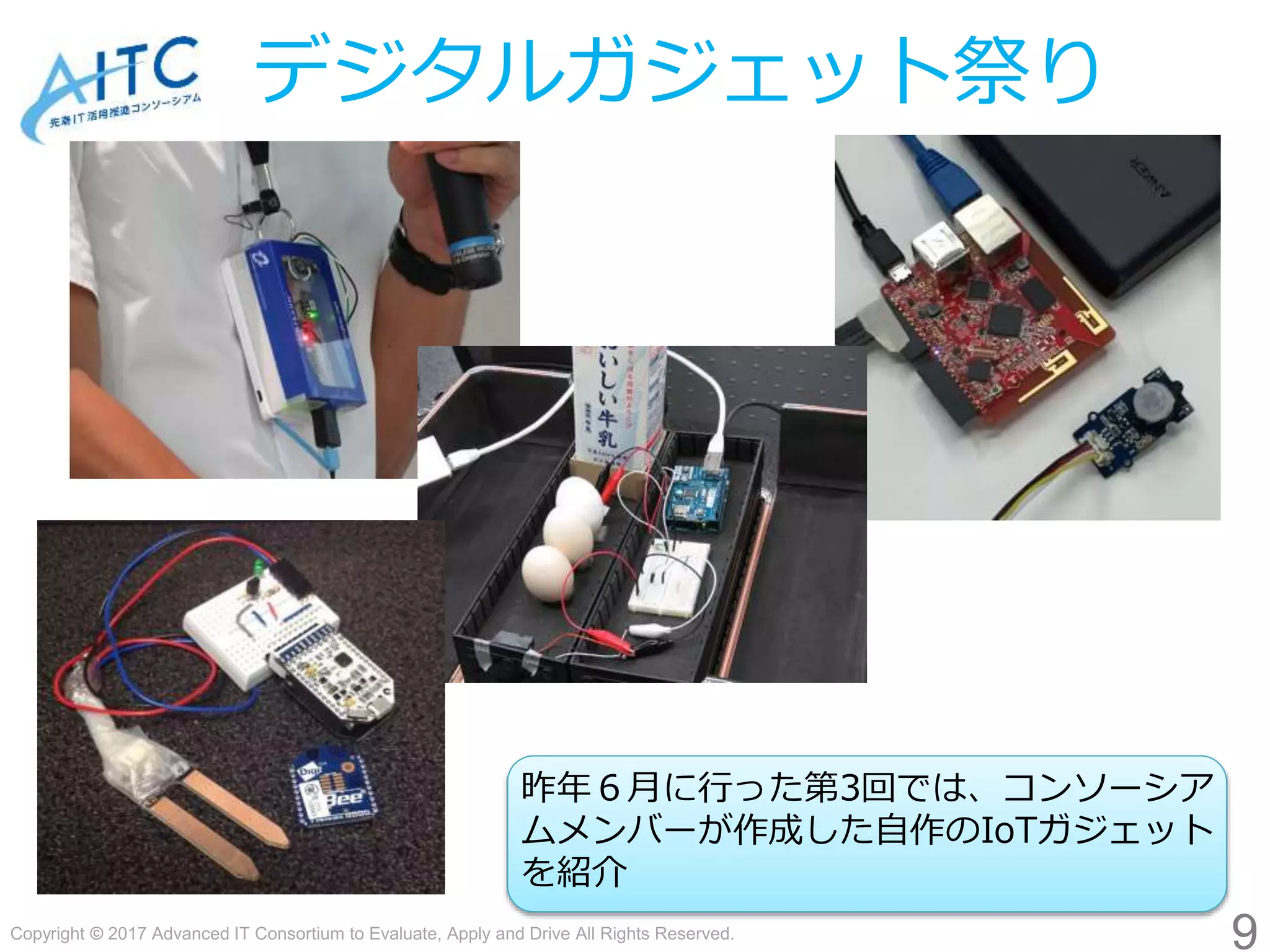 Copyright © 2017 Advanced IT Consortium to Evaluate, Apply and Drive All Rights Reserved.
デジタルガジェット祭り
9
昨年６月に行った第3回では、コンソーシア
ムメンバーが作成した自作のIoTガジェット
を紹介
 
