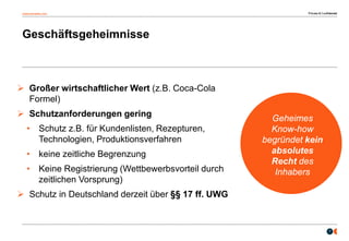 osborneclarke.com
7
Geschäftsgeheimnisse
Geheimes
Know-how
begründet kein
absolutes
Recht des
Inhabers
 Großer wirtschaftlicher Wert (z.B. Coca-Cola
Formel)
 Schutzanforderungen gering
• Schutz z.B. für Kundenlisten, Rezepturen,
Technologien, Produktionsverfahren
• keine zeitliche Begrenzung
• Keine Registrierung (Wettbewerbsvorteil durch
zeitlichen Vorsprung)
 Schutz in Deutschland derzeit über §§ 17 ff. UWG
 