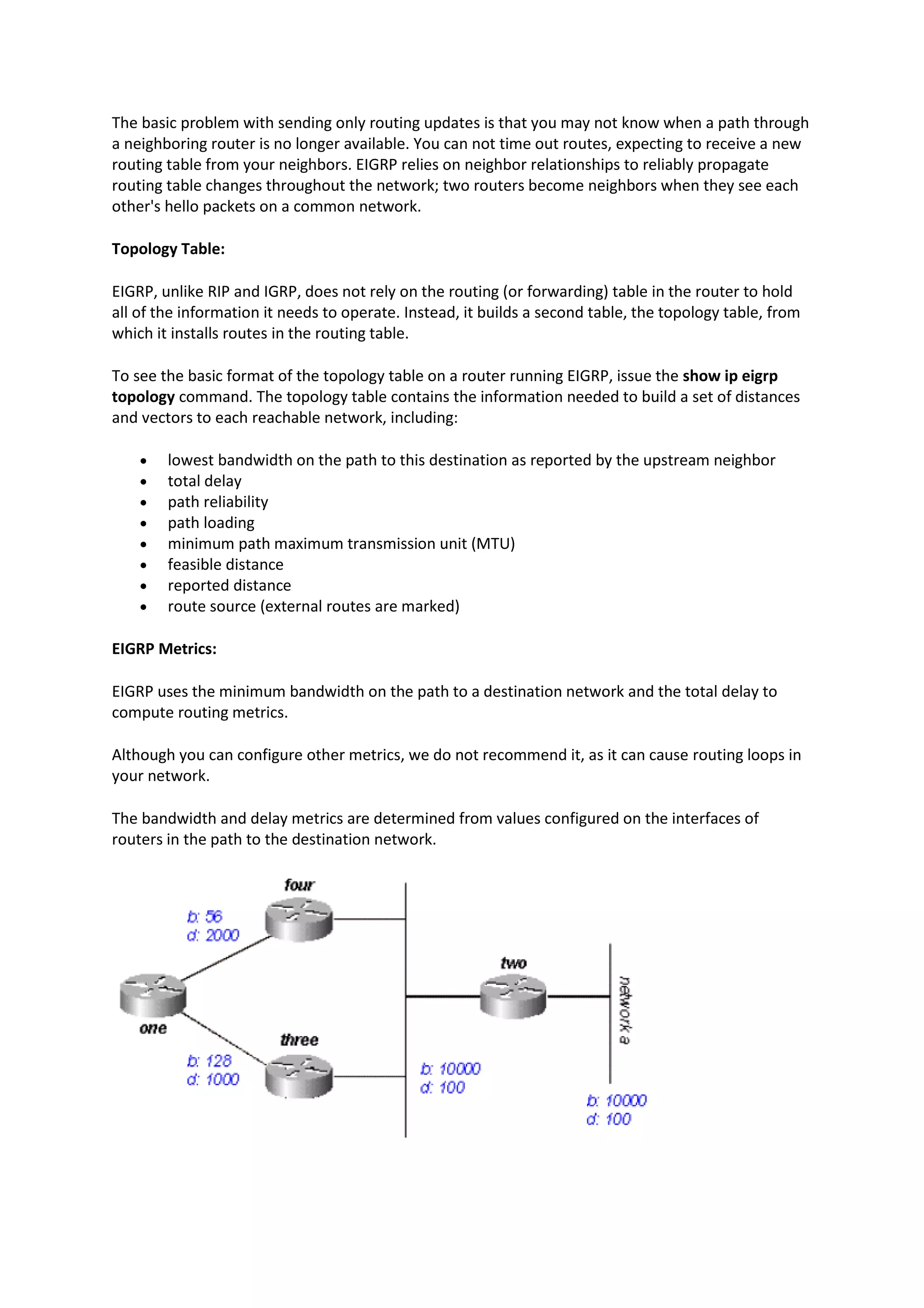 The basic problem with sending only routing updates is that you may not know when a path through
a neighboring router is no longer available. You can not time out routes, expecting to receive a new
routing table from your neighbors. EIGRP relies on neighbor relationships to reliably propagate
routing table changes throughout the network; two routers become neighbors when they see each
other's hello packets on a common network.
Topology Table:
EIGRP, unlike RIP and IGRP, does not rely on the routing (or forwarding) table in the router to hold
all of the information it needs to operate. Instead, it builds a second table, the topology table, from
which it installs routes in the routing table.
To see the basic format of the topology table on a router running EIGRP, issue the show ip eigrp
topology command. The topology table contains the information needed to build a set of distances
and vectors to each reachable network, including:
• lowest bandwidth on the path to this destination as reported by the upstream neighbor
• total delay
• path reliability
• path loading
• minimum path maximum transmission unit (MTU)
• feasible distance
• reported distance
• route source (external routes are marked)
EIGRP Metrics:
EIGRP uses the minimum bandwidth on the path to a destination network and the total delay to
compute routing metrics.
Although you can configure other metrics, we do not recommend it, as it can cause routing loops in
your network.
The bandwidth and delay metrics are determined from values configured on the interfaces of
routers in the path to the destination network.
 