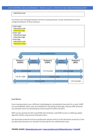 TRAINER: SAGAR | NetworkJourney.com | www.youtube.com/c/NetworkJourney | LinkedIN
CCNP ENTERPRISE 2020 LAB WORKBOOK|| TRAINER: SAGAR || WWW.YOUTUBE.COM/C/NETWORKJOURNEY
redistribute ospf
For routes to be exchanged between all three routing protocols, mutual redistribution must be
configured between all three protocols
router eigrp
redistribute ospf
redistribute bgp
router ospf
redistribute eigrp
redistribute bgp
router bgp
redistribute ospf
redistribute eigrp
Seed Metrics
Every routing protocol uses a different methodology for calculating the best path for a route, EIGRP
can use bandwidth, delay, load, and reliability for calculating its best path, whereas OSPF primarily
uses the path metric for calculating the shortest path first (SPF) tree (SPT).
OSPF cannot calculate the SPT using EIGRP path attributes, and EIGRP cannot run diffusing update
algorithm (DUAL) using only the total path metric.
The destination protocol must be provided with relevant metrics to the destination protocols so that
the destination protocol can calculate the best path for the redistributed routes.
 
