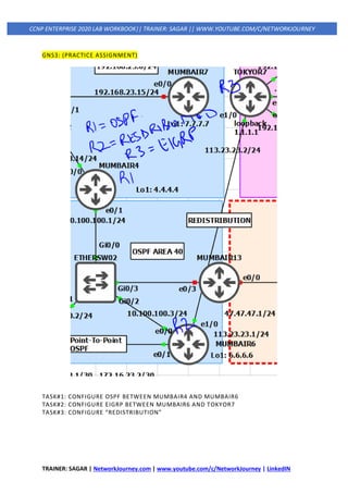 TRAINER: SAGAR | NetworkJourney.com | www.youtube.com/c/NetworkJourney | LinkedIN
CCNP ENTERPRISE 2020 LAB WORKBOOK|| TRAINER: SAGAR || WWW.YOUTUBE.COM/C/NETWORKJOURNEY
GNS3: (PRACTICE ASSIGNMENT)
TASK#1: CONFIGURE OSPF BETWEEN MUMBAIR4 AND MUMBAIR6
TASK#2: CONFIGURE EIGRP BETWEEN MUMBAIR6 AND TOKYOR7
TASK#3: CONFIGURE “REDISTRIBUTION”
 