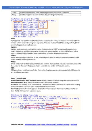 TRAINER: SAGAR | NetworkJourney.com | www.youtube.com/c/NetworkJourney | LinkedIN
CCNP ENTERPRISE 2020 LAB WORKBOOK|| TRAINER: SAGAR || WWW.YOUTUBE.COM/C/NETWORKJOURNEY
Query Used to find alternate paths when all paths to a destination have failed.
Reply Used to response to query packets about routing information.
Hello:
Hello packets are used for neighbor discovery. As soon as the hello packets send and receive EIGRP
routers will try to form the neighbor adjacency. They are multicast to 224.0.0.10. By default, EIGRP
sends hello packets every 5 seconds.
Update:
Update packets contain routing information for destinations. EIGRP unicasts update packets to
newly discovered neighbors; otherwise, it multicasts update packets to 224.0.0.10 when a link or
metric changes. Update packets are acknowledged to ensure reliable transmission.
Query:
EIGRP sends query packets used to find alternate paths when all paths to a destination have failed.
Query packets are always multicast.
Reply:
EIGRP sends reply packets to respond to query packets. Reply packets provide a feasible successor to
the sender of the query. Reply packets are unicast to the sender of the query packet.
ACK:
ACK packets are used to acknowledge the receipt of update, query and replay packets. ACK packets
are sent by using unicast.
EIGRP Terminologies:
Advertised Distance (AD)/Reported Distance (RD): The cost from the neighbor to the destination.
Feasible Distance (FD): The total cost to reach a destination network.
Successor: The primary route used to reach a destination. The successor route is kept in the routing
table. Notice that successor is the best route to that destination.
Feasible Successor: The backup route. To be a feasible successor, the route must have an AD less
than the FD of the current successor route.
 