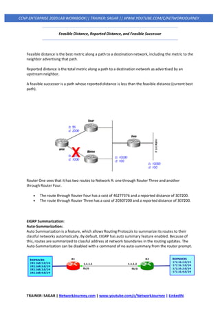 TRAINER: SAGAR | NetworkJourney.com | www.youtube.com/c/NetworkJourney | LinkedIN
CCNP ENTERPRISE 2020 LAB WORKBOOK|| TRAINER: SAGAR || WWW.YOUTUBE.COM/C/NETWORKJOURNEY
Feasible Distance, Reported Distance, and Feasible Successor
Feasible distance is the best metric along a path to a destination network, including the metric to the
neighbor advertising that path.
Reported distance is the total metric along a path to a destination network as advertised by an
upstream neighbor.
A feasible successor is a path whose reported distance is less than the feasible distance (current best
path).
Router One sees that it has two routes to Network A: one through Router Three and another
through Router Four.
• The route through Router Four has a cost of 46277376 and a reported distance of 307200.
• The route through Router Three has a cost of 20307200 and a reported distance of 307200.
EIGRP Summarization:
Auto-Summarization:
Auto Summarization is a feature, which allows Routing Protocols to summarize its routes to their
classful networks automatically. By default, EIGRP has auto summary feature enabled. Because of
this, routes are summarized to classful address at network boundaries in the routing updates. The
Auto-Summarization can be disabled with a command of no auto-summary from the router prompt.
 