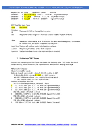 TRAINER: SAGAR | NetworkJourney.com | www.youtube.com/c/NetworkJourney | LinkedIN
CCNP ENTERPRISE 2020 LAB WORKBOOK|| TRAINER: SAGAR || WWW.YOUTUBE.COM/C/NETWORKJOURNEY
Neighbor ID Pri State Dead Time Address Interface
192.168.2.2 1 2WAY/DROTHER 00:00:37 10.123.4.2 GigabitEthernet0/1
192.168.3.3 1 FULL/BDR 00:00:35 10.123.4.3 GigabitEthernet0/1
192.168.4.4 1 FULL/DR 00:00:33 10.123.4.4 GigabitEthernet0/1
OSPF Neighbor State Fields
Field Description
Neighbor
ID
The router ID (RID) of the neighboring router.
PRI The priority for the neighbor’s interface, which is used for DR/BDR elections.
State
The second field is the DR, BDR, or DROTHER role if the interface requires a DR. For non-
DR network links, the second field shows just a hyphen (-).
Dead Time The time left until the router is declared unreachable.
Address The primary IP address for the OSPF neighbor.
Interface The local interface to which the OSPF neighbor is attached.
C. Verification of OSPF Routes
The next step is to verify the OSPF routes installed in the IP routing table. OSPF routes that install
into the Routing Information Base (RIB) are shown with the command show ip route ospf.
R1# show ip route ospf
! Output omitted for brevity
Codes: L - local, C - connected, S - static, R - RIP, M - mobile, B - BGP
D - EIGRP, EX - EIGRP external, O - OSPF, IA - OSPF inter area
N1 - OSPF NSSA external type 1, N2 - OSPF NSSA external type 2
E1 - OSPF external type 1, E2 - OSPF external type 2
Gateway of last resort is not set
10.0.0.0/8 is variably subnetted, 7 subnets, 2 masks
O 10.2.2.0/24 [110/2] via 10.123.4.2, 00:35:03, GigabitEthernet0/1
O 10.3.3.0/24 [110/2] via 10.123.4.3, 00:35:03, GigabitEthernet0/1
O 10.4.4.0/24 [110/2] via 10.123.4.4, 00:35:03, GigabitEthernet0/1
192.168.2.0/32 is subnetted, 1 subnets
O 192.168.2.2 [110/2] via 10.123.4.2, 00:35:03, GigabitEthernet0/1
192.168.3.0/32 is subnetted, 1 subnets
O 192.168.3.3 [110/2] via 10.123.4.3, 00:35:03, GigabitEthernet0/1
192.168.4.0/32 is subnetted, 1 subnets
O 192.168.4.4 [110/2] via 10.123.4.4, 00:35:03, GigabitEthernet0/1
 