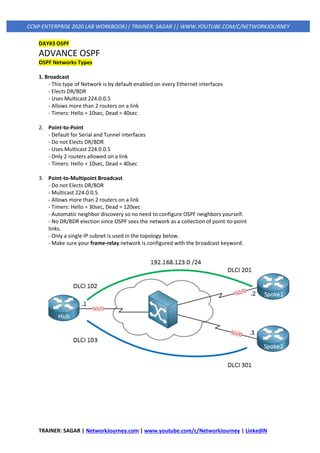 TRAINER: SAGAR | NetworkJourney.com | www.youtube.com/c/NetworkJourney | LinkedIN
CCNP ENTERPRISE 2020 LAB WORKBOOK|| TRAINER: SAGAR || WWW.YOUTUBE.COM/C/NETWORKJOURNEY
DAY#3 OSPF
ADVANCE OSPF
OSPF Networks Types
1. Broadcast
- This type of Network is by default enabled on every Ethernet interfaces
- Elects DR/BDR
- Uses Multicast 224.0.0.5
- Allows more than 2 routers on a link
- Timers: Hello = 10sec, Dead = 40sec
2. Point-to-Point
- Default for Serial and Tunnel interfaces
- Do not Elects DR/BDR
- Uses Multicast 224.0.0.5
- Only 2 routers allowed on a link
- Timers: Hello = 10sec, Dead = 40sec
3. Point-to-Multipoint Broadcast
- Do not Elects DR/BDR
- Multicast 224.0.0.5
- Allows more than 2 routers on a link
- Timers: Hello = 30sec, Dead = 120sec
- Automatic neighbor discovery so no need to configure OSPF neighbors yourself.
- No DR/BDR election since OSPF sees the network as a collection of point-to-point
links.
- Only a single IP subnet is used in the topology below.
- Make sure your frame-relay network is configured with the broadcast keyword.
 