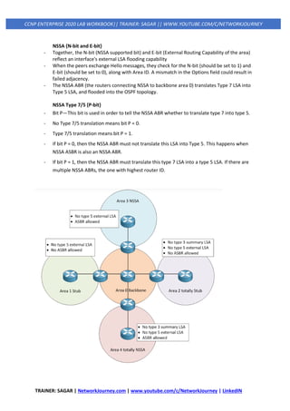 TRAINER: SAGAR | NetworkJourney.com | www.youtube.com/c/NetworkJourney | LinkedIN
CCNP ENTERPRISE 2020 LAB WORKBOOK|| TRAINER: SAGAR || WWW.YOUTUBE.COM/C/NETWORKJOURNEY
NSSA {N-bit and E-bit}
- Together, the N-bit (NSSA supported bit) and E-bit (External Routing Capability of the area)
reflect an interface's external LSA flooding capability
- When the peers exchange Hello messages, they check for the N-bit (should be set to 1) and
E-bit (should be set to 0), along with Area ID. A mismatch in the Options field could result in
failed adjacency.
- The NSSA ABR (the routers connecting NSSA to backbone area 0) translates Type 7 LSA into
Type 5 LSA, and flooded into the OSPF topology.
NSSA Type 7/5 {P-bit}
- Bit P—This bit is used in order to tell the NSSA ABR whether to translate type 7 into type 5.
- No Type 7/5 translation means bit P = 0.
- Type 7/5 translation means bit P = 1.
- If bit P = 0, then the NSSA ABR must not translate this LSA into Type 5. This happens when
NSSA ASBR is also an NSSA ABR.
- If bit P = 1, then the NSSA ABR must translate this type 7 LSA into a type 5 LSA. If there are
multiple NSSA ABRs, the one with highest router ID.
 