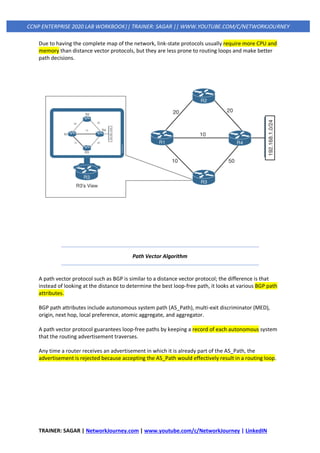 TRAINER: SAGAR | NetworkJourney.com | www.youtube.com/c/NetworkJourney | LinkedIN
CCNP ENTERPRISE 2020 LAB WORKBOOK|| TRAINER: SAGAR || WWW.YOUTUBE.COM/C/NETWORKJOURNEY
Due to having the complete map of the network, link-state protocols usually require more CPU and
memory than distance vector protocols, but they are less prone to routing loops and make better
path decisions.
Path Vector Algorithm
A path vector protocol such as BGP is similar to a distance vector protocol; the difference is that
instead of looking at the distance to determine the best loop-free path, it looks at various BGP path
attributes.
BGP path attributes include autonomous system path (AS_Path), multi-exit discriminator (MED),
origin, next hop, local preference, atomic aggregate, and aggregator.
A path vector protocol guarantees loop-free paths by keeping a record of each autonomous system
that the routing advertisement traverses.
Any time a router receives an advertisement in which it is already part of the AS_Path, the
advertisement is rejected because accepting the AS_Path would effectively result in a routing loop.
 