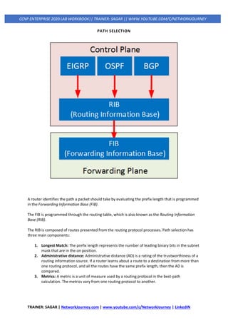 TRAINER: SAGAR | NetworkJourney.com | www.youtube.com/c/NetworkJourney | LinkedIN
CCNP ENTERPRISE 2020 LAB WORKBOOK|| TRAINER: SAGAR || WWW.YOUTUBE.COM/C/NETWORKJOURNEY
PATH SELECTION
A router identifies the path a packet should take by evaluating the prefix length that is programmed
in the Forwarding Information Base (FIB).
The FIB is programmed through the routing table, which is also known as the Routing Information
Base (RIB).
The RIB is composed of routes presented from the routing protocol processes. Path selection has
three main components:
1. Longest Match: The prefix length represents the number of leading binary bits in the subnet
mask that are in the on position.
2. Administrative distance: Administrative distance (AD) is a rating of the trustworthiness of a
routing information source. If a router learns about a route to a destination from more than
one routing protocol, and all the routes have the same prefix length, then the AD is
compared.
3. Metrics: A metric is a unit of measure used by a routing protocol in the best-path
calculation. The metrics vary from one routing protocol to another.
 