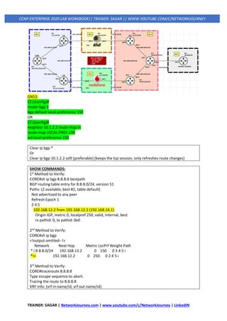 TRAINER: SAGAR | NetworkJourney.com | www.youtube.com/c/NetworkJourney | LinkedIN
CCNP ENTERPRISE 2020 LAB WORKBOOK|| TRAINER: SAGAR || WWW.YOUTUBE.COM/C/NETWORKJOURNEY
GNS3:
CE1(config)#
router bgp 1
bgp default local-preference 150
OR
CE1(config)#
neighbor 10.1.2.2 route-map in
route-map LOCAL-PREF-150
set local-preference 150
Clear ip bgp *
Or
Clear ip bgp 10.1.2.2 soft (preferable) [keeps the tcp session, only refreshes route changes]
SHOW COMMANDS:
1st
Method to Verify:
CORE#sh ip bgp 8.8.8.8 bestpath
BGP routing table entry for 8.8.8.0/24, version 51
Paths: (2 available, best #2, table default)
Not advertised to any peer
Refresh Epoch 1
2 4 5
192.168.12.2 from 192.168.12.2 (192.168.14.1)
Origin IGP, metric 0, localpref 250, valid, internal, best
rx pathid: 0, tx pathid: 0x0
2nd
Method to Verify:
CORE#sh ip bgp
<!output omitted--!>
Network Next Hop Metric LocPrf Weight Path
* i 8.8.8.0/24 192.168.13.2 0 150 0 3 4 5 i
*>i 192.168.12.2 0 250 0 2 4 5 i
3rd
Method to Verify:
CORE#traceroute 8.8.8.8
Type escape sequence to abort.
Tracing the route to 8.8.8.8
VRF info: (vrf in name/id, vrf out name/id)
 
