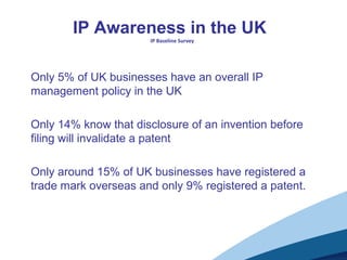 IP Awareness in the UK
IP Baseline Survey
• Only 5% of UK businesses have an overall IP
management policy in the UK
• Only 14% know that disclosure of an invention before
filing will invalidate a patent
• Only around 15% of UK businesses have registered a
trade mark overseas and only 9% registered a patent.
 