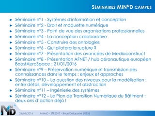SÉMINAIRES MINND CAMPUS
► Séminaire n°1 - Systèmes d'information et conception
► Séminaire n°2 - Droit et maquette numérique
► Séminaire n°3 - Point de vue des organisations professionnelles
► Séminaire n°4 - La conception collaborative
► Séminaire n°5 - Construire des ontologies
► Séminaire n°6 - Qui pilotera la rupture ?
► Séminaire n°7 - Présentation des avancées de Mediaconstruct
► Séminaire n°8 - Présentation AFNET / hub aéronautique européen
BoostAeroSpace : 21/01/2016
► Séminaire n°9 – Préservation numérique et transmission des
connaissances dans le temps : enjeux et approches
► Séminaire n°10 – La question des niveaux pour la modélisation :
entre détail, développement et abstraction
► Séminaire n°11 – Ingénierie des systèmes
► Séminaire n°12 – Le Plan de Transition Numérique du Bâtiment :
deux ans d’action déjà !
26/01/2016 MINnD - JTR2017 - Brice Delaporte (IREX)
 