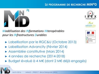 LE PROGRAMME DE RECHERCHE MINND
► Labellisation par le RGC&U (Octobre 2013)
► Labellisation Advancity (Février 2014)
► Assemblée constitutive (Mars 2014)
► 4 années de recherche (2014-2018)
► Budget évalué à 4 M€ (dont 2 M€ déjà engagés)
Modélisation des INformations INteropérables
pour les INfrastructures Durables
26/01/2016 MINnD - JTR2017 - Brice Delaporte (IREX)
 