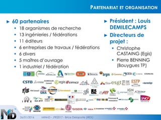 PARTENARIAT ET ORGANISATION
► 60 partenaires
 18 organismes de recherche
 13 ingénieries / fédérations
 11 éditeurs
 6 entreprises de travaux / fédérations
 6 divers
 5 maîtres d’ouvrage
 1 industriel / fédération
26/01/2016 MINnD - JTR2017 - Brice Delaporte (IREX)
► Président : Louis
DEMILECAMPS
► Directeurs de
projet :
 Christophe
CASTAING (Egis)
 Pierre BENNING
(Bouygues TP)
 