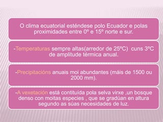 O clima ecuatorial esténdese polo Ecuador e polas
proximidades entre 0º e 15º norte e sur.
-Temperaturas sempre altas(arredor de 25ºC) cuns 3ºC
de amplitude térmica anual.
-Precipitacións anuais moi abundantes (máis de 1500 ou
2000 mm).
-A vexetación está contituída pola selva virxe ,un bosque
denso con moitas especies , que se gradúan en altura
segundo as súas necesidades de luz.

 