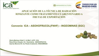 Convenio ICA – ASOHOFRUCOL(FNHF) – INGEOMINAS (SGC)
Gloria Marlene Vidal C. I.A MsC. LNTC. ICA.
Rosa Elvira Orjuela. I.Q. Dosimetría. ASOHOFRUCOL
Azarías Moreno M. I.Q. Planta Irradiación. INGEOMINAS
APLICACIÓN DE LA TÉCNICA DE RADIACIÓN
IONIZANTE COMO TRATAMIENTO CUARENTENARIO A
FRUTAS DE EXPORTACIÓN
 