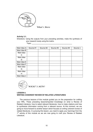  
What’s More
Activity 3.1.
Directions: Using the outputs from your preceding activities, make the synthesis of
your research study using the matrix.
Topic: __________________________________________
Main Idea A Source #1 Source #2 Source #3 Source #4 Source n
Main Idea B
Main Idea
C
Main Idea
D
Main Idea E
Main Idea F
Main Idea
G
Main Idea
H
Main Idea n
WHAT`S NEW?
LESSON 4.
WRITING COHERENT REVIEW OF RELATED LITERATURES
The previous lessons of this module guided you on the preparation for crafting
your RRL. These preceding lessonsimparted knowledge on what is Review of
Related Literature, how to select relevant literatures, how to make citations and how
to synthesize information coming from a relevant source. At this moment, we are
going to move forward to another lesson which focuses on writing coherent review of
related literatures. In pursuing this lesson, you need to apply your learnings from the
1st
activity of this module as we are now going to craft your Review of Related
Literature.
18
 