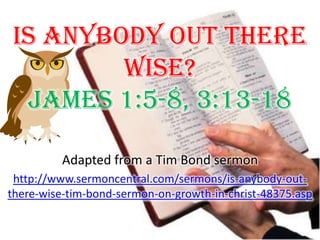 Is Anybody Out There Wise? James 1:5-8, 3:13-18 Adapted from a Tim Bond sermon http://www.sermoncentral.com/sermons/is-anybody-out-there-wise-tim-bond-sermon-on-growth-in-christ-48375.asp 