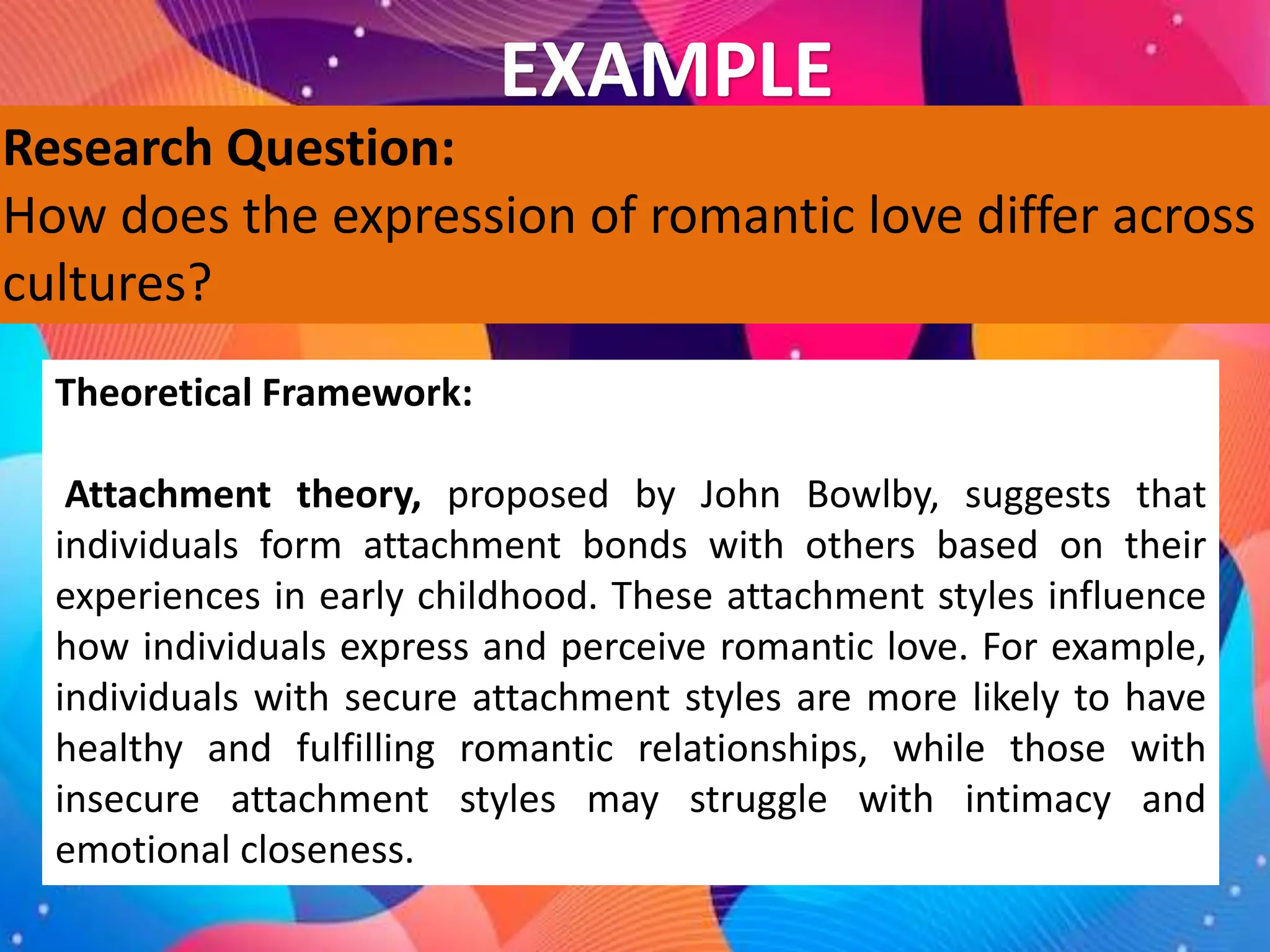 Research Question:
How does the expression of romantic love differ across
cultures?
Theoretical Framework:
Attachment theory, proposed by John Bowlby, suggests that
individuals form attachment bonds with others based on their
experiences in early childhood. These attachment styles influence
how individuals express and perceive romantic love. For example,
individuals with secure attachment styles are more likely to have
healthy and fulfilling romantic relationships, while those with
insecure attachment styles may struggle with intimacy and
emotional closeness.
EXAMPLE
 