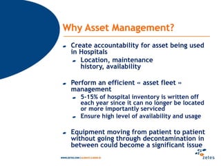 Main use case … Point of care information managementBlood samplingGuide nurse on which tube to useVocal administrationAdministrationBlood pressure, patient weight,…Prescription, …CateringDialysis information recordingReal time task management in patient roomCheck destination (patient) of medicineReal time asset management togetherwith RFID/barcode/datamatrix06/12/201027