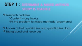 STEP 1 : DETERMINE A MIXED METHOD
STUDY IS FEASIBLE
Research problem
*Content = any topics
*Fit the problem to mixed methods (arguments)
Access to both qualitative and quantitative data
Background and resources
 
