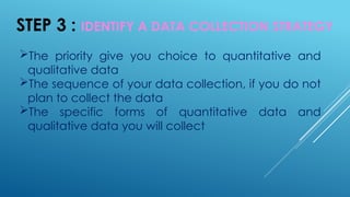 STEP 3 : IDENTIFY A DATA COLLECTION STRATEGY
The priority give you choice to quantitative and
qualitative data
The sequence of your data collection, if you do not
plan to collect the data
The specific forms of quantitative data and
qualitative data you will collect
 