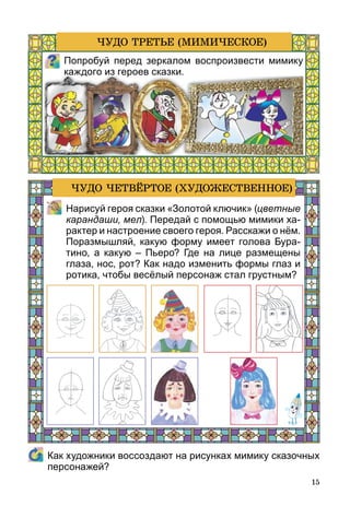 15
	 Как художники воссоздают на рисунках мимику сказочных
персонажей?
Попробуй перед зеркалом воспроизвести мимику
каждого из героев сказки.
ЧУДО ТРЕТЬЕ (МИМИЧЕСКОЕ)
	 Нарисуй героя сказки «Золотой ключик» (цветные
карандаши, мел). Передай с помощью мимики ха-
рактер и настроение своего героя. Расскажи о нём.
Поразмышляй, какую форму имеет голова Бура-
тино, а какую  – Пьеро? Где на лице размещены
глаза, нос, рот? Как надо изменить формы глаз и
ротика, чтобы весёлый персонаж стал грустным?
ЧУДО ЧЕТВЁРТОЕ (ХУДОЖЕСТВЕННОЕ)
 