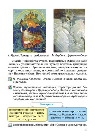 21
М. Врубель. Царевна-лебедьА. Куркин. Тридцать три богатыря
Сказка – это всегда чудеса. Например, в «Сказке о царе
Салтане» упоминаются такие чудеса: белочка, грызущая
золотые орешки, братья-великаны, которые выходят из
моря и охраняют город, и чрезвычайно красивая девуш-
ка – Царевна-лебедь. Вот как об этом «рассказала» музыка.
	 Н. Римский-Корсаков. Опера «Сказка о царе Салтане».
«Три чуда».
Сравни музыкальные интонации, характеризующие бе-
лочку, богатырей и Царевну-лебедь. Какая из них нежная
и напевная, какая – игриво-танцевальная, а какая – вели-
чественно-маршевая? Музыкальные образы «трёх чудес»
подобны или контрастны?
	 В свободное время посмотри м/ф «Сказка о царе Салтане».
сопоставление противопо-
ложного: громко – тихо,
быстро – медленно, весе-
ло – грустно
сопоставление противопо-
ложного: большое – малое,
светлое – тёмное и т. п.
Контраст
 