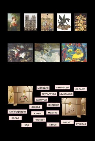 63
3. Назови виды искусства по данным иллюстрациям.
4. Чем отличаются рельеф и круглая скульптура?
Задания Лясольки и Барвика
1. Подумай, какой музыкой можно озвучить эти картинки.
2. Какие виды театральных кукол тебе известны? Назови, какие
музыкальные произведения посвятили им композиторы.
3. «Разложи» слова в соответствующие художественные сунду­
ки. Какие слова следует разместить в обоих сундуках?
мелодия интонация
рельеф
скульптура динамика
марина
контраст
фактура
иллюстрация
кукла
портрет
галоп
силуэт
вальс
хор
аккорд
буквица
 