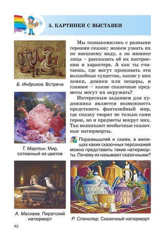 82
5. КАРТИНКИ С ВЫСТАВКИ
Мы познакомились с разными
героями сказок: можем узнать их
по внешнему виду, а по мимике
лица – рассказать об их настрое-
нии и характере. А как ты счи­
таешь, где могут проживать эти
волшебные существа, какие у них
замки, домики или пещеры, и
глав­ное – какие сказочные пред­
меты могут их окружать?
Интересным заданием для ху-
дожника является возможность
представить фантазийный мир,
где сказку творят не только сами
герои, но и предметы вокруг них.
Так возникают необычные сказоч­
ные натюрморты.
Поразмышляй и скажи, в жили-
щах каких сказочных персонажей
можно представить такие натюрмор­
ты. Почему их называют сказочными?
Б. Индриков. Встреча
Т. Мартин. Мир,
сотканный из цветов
А. Маскаев. Пиратский
натюрморт Р. Спанглер. Сказочный натюрморт
 